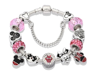 Disney Mickey Minnie Maus Charm Armreif, Sicherheitskette Charm Charm, Sliver Charm Armband, Muttertag Geschenk, Geschenk für sie, Frauen Schmuck