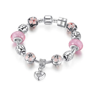 Crystal Heart Charm Bracelet, Snake chain charm for bracelet, Pink Murano Glass Beads Silver Plated Charm Bracelet & Bangle, Gift for her