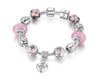 Bracciale con ciondolo a forma di cuore in cristallo, ciondolo a catena a serpente per bracciale, bracciale e bracciale rigido con ciondolo placcato argento e perline in vetro di Murano rosa, regalo per lei