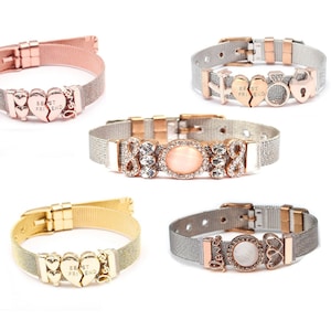 Reflexions Mesh Bracelet, Love Heart charms, Clip Reflection Bracelet, Rose Gold Beads Pave Bracelet for Charms,Women Jewelry Birthday Gifts