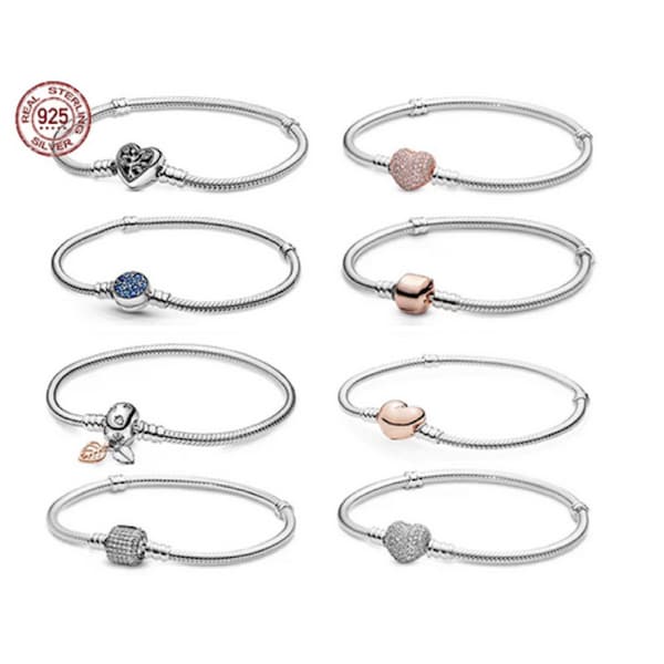 Bracelets à breloques coeur style Pandora 2023, fermoir coeur, chaîne en os de serpent, bracelet pour femme, bracelet en argent, cadeau pour elle