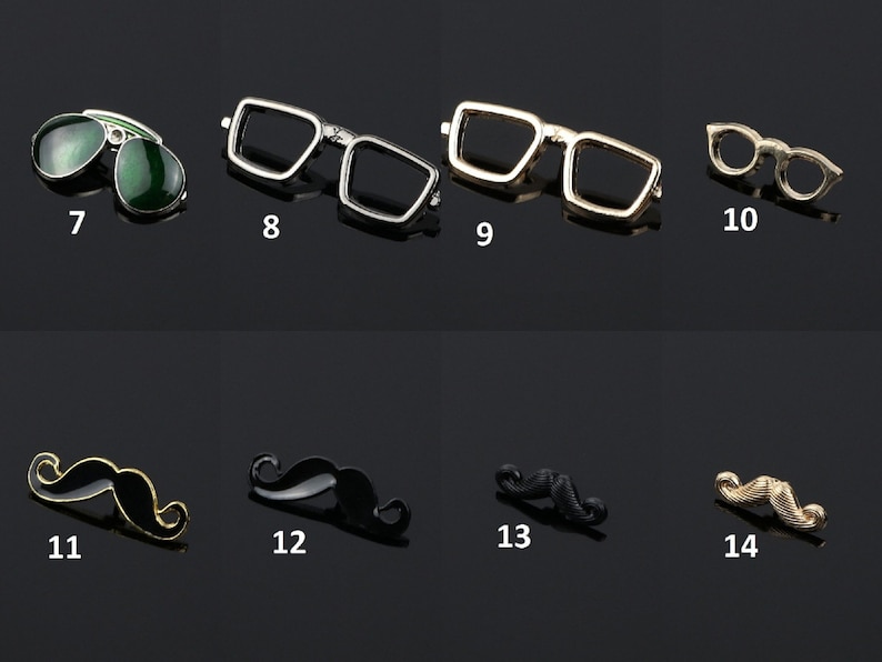 K&ouml;nnte beinhalten: Sortiment von 10 Reversnadeln mit verschiedenen Designs von Brillen und Schnurrb&auml;rten. Die Nadeln sind aus Metall und haben eine goldene oder silberne Oberfl&auml;che. Die Brillen sind in verschiedenen Stilen, darunter rund, quadratisch und Aviator. Die Schnurrb&auml;rte sind in verschiedenen Stilen, darunter Lenker, Bleistift und Chevron.