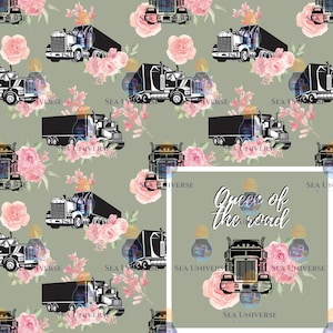 May include: A seamless pattern featuring black semi-trucks with pink watercolor flowers on a light green background. The text "Queen of the road" is featured in the center of the design.