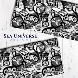 May include: Black and white seamless pattern featuring various car parts, including a steering wheel, engine parts, and brake rotors. The pattern is on a gray background.