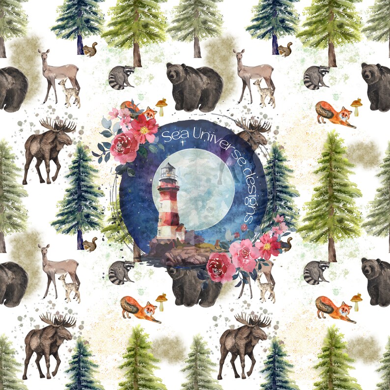 May include: A seamless pattern featuring a watercolor illustration of a lighthouse, moon, stars, flowers, bears, moose, deer, raccoons, and pine trees. The text "Sea Universe Designs" is in a circle around the moon.