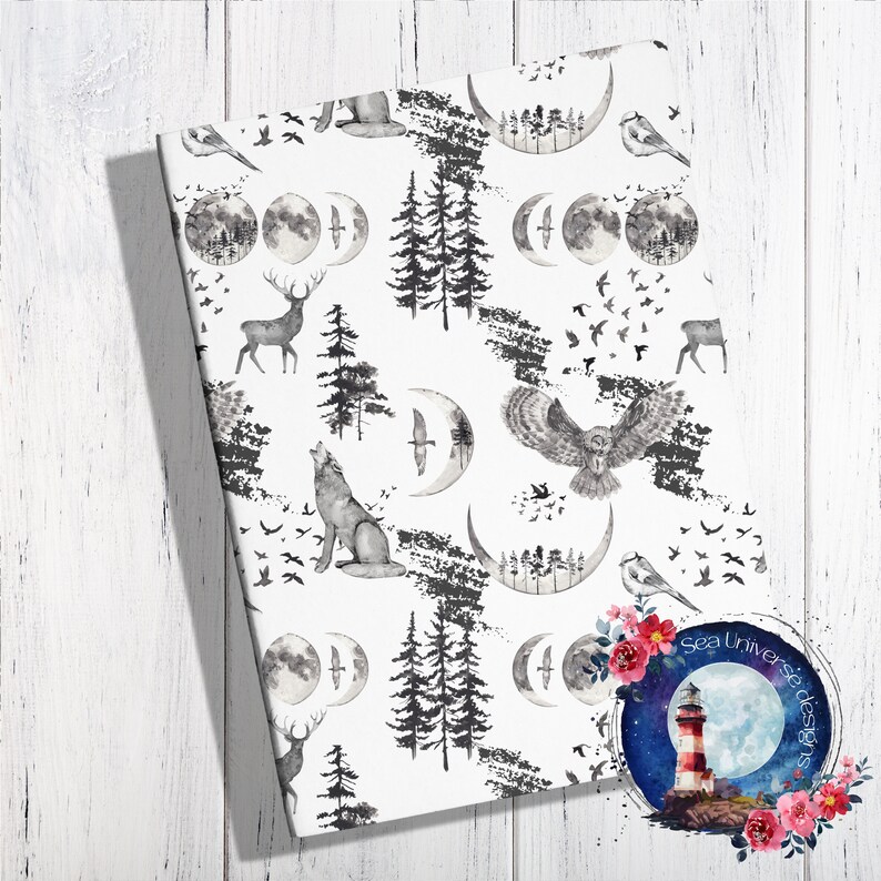 May include: A seamless pattern featuring a black and white watercolor design of a wolf howling at the moon, a deer, an owl, birds, trees, and crescent moons. The background is white.