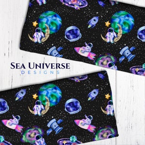 May include: A black fabric with a repeating pattern of astronauts, planets, stars, rockets, and galaxies. The fabric is ideal for crafting projects, quilting, and apparel.