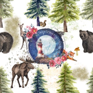 May include: A watercolor illustration featuring a full moon, a lighthouse, a moose, a deer, a fox, a raccoon, two bears, and a squirrel. The illustration is surrounded by a wreath of flowers and leaves. The text "Sea Universe Designs" is written in a circle around the moon.