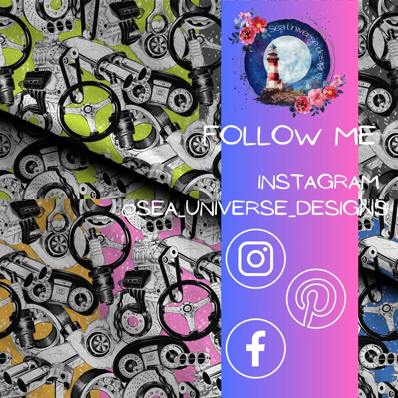 May include: A black and white illustration of car parts, including a steering wheel, engine parts, and a brake rotor. The illustration is repeated on a yellow, pink, and green background. The text "FOLLOW ME" is written in white on a purple background. The text "INSTAGRAM" is written in white on a blue background. The text "SEA UNIVERSE_DESIGNS" is written in white on a blue background. Social media icons for Instagram, Pinterest, and Facebook are included.