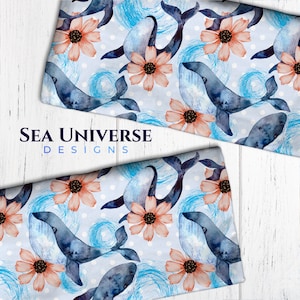 May include: A seamless pattern featuring watercolor illustrations of blue whales and coral-colored flowers on a light blue background with white polka dots. The pattern is perfect for fabric, wallpaper, or wrapping paper.