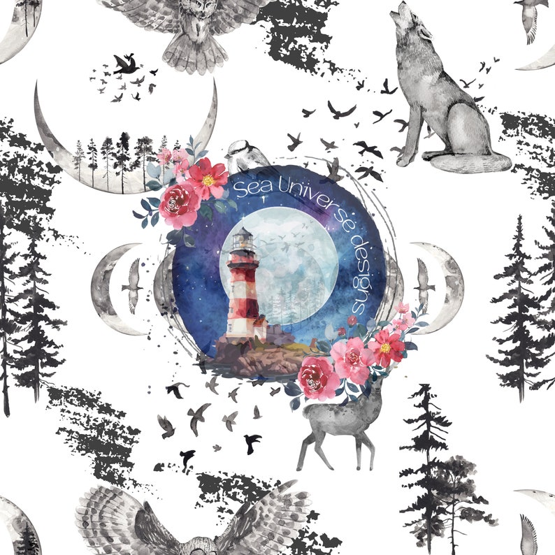 May include: A watercolor seamless pattern featuring a lighthouse, a wolf, a deer, owls, birds, trees, and moons. The pattern is set against a white background and includes the text "Sea Universe Designs".