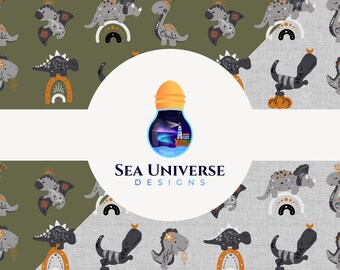 May include: A seamless pattern featuring a light gray dinosaur with a crown on a green background. The dinosaur is surrounded by rainbows, stars, and moons. The pattern is repeated throughout the image. The text "SEA UNIVERSE DESIGNS" is displayed in a white circle with a light bulb graphic.