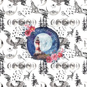 May include: A watercolor illustration featuring a lighthouse, moon, and floral wreath. The background is a dark blue with stars. The text "Sea Universe Designs" is written in a circle around the moon.