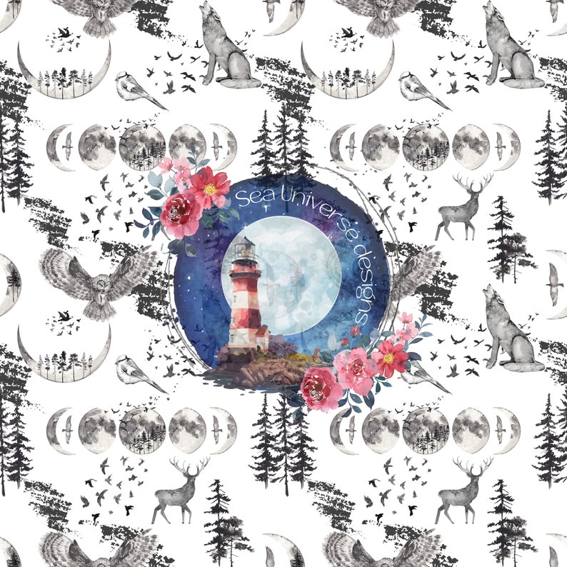 May include: A watercolor illustration featuring a lighthouse, moon, and floral wreath. The background is a dark blue with stars. The text "Sea Universe Designs" is written in a circle around the moon.