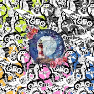 May include: A seamless pattern featuring black and white illustrations of car parts, including steering wheels, brake rotors, and engine components. The background is a colorful patchwork of yellow, pink, blue, and gray. A watercolor illustration of a lighthouse and a full moon with the text "Sea Universe Designs" is in the center of the pattern.