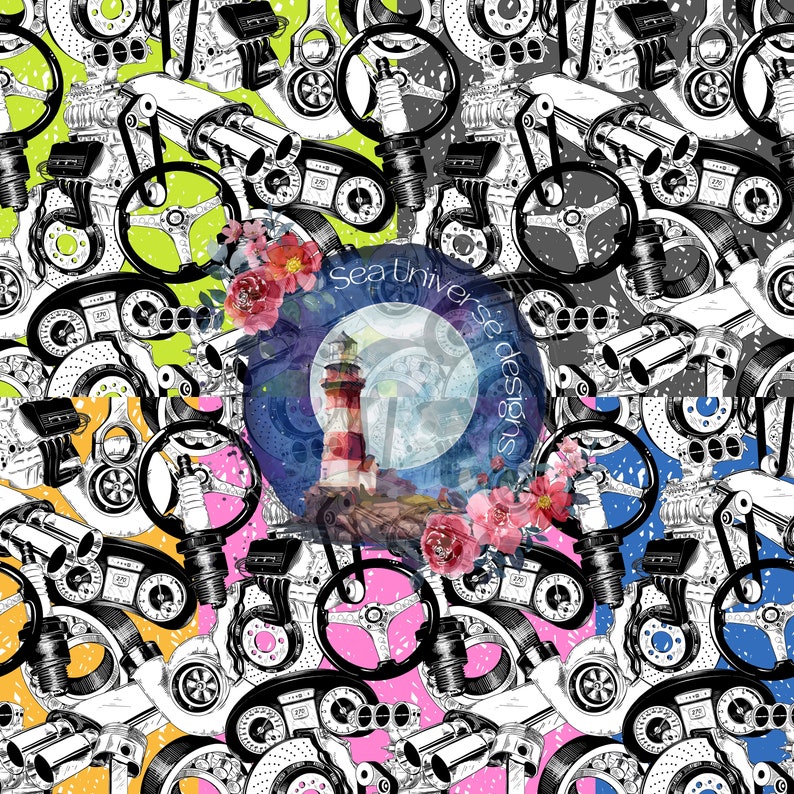 May include: A seamless pattern featuring black and white illustrations of car parts, including steering wheels, brake rotors, and engine components. The background is a colorful patchwork of yellow, pink, blue, and gray. A watercolor illustration of a lighthouse and a full moon with the text "Sea Universe Designs" is in the center of the pattern.