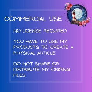May include: A purple and blue gradient background with a white square border. The text inside the border reads "COMMERCIAL USE NO LICENSE REQUIRED YOU HAVE TO USE MY PRODUCTS TO CREATE A PHYSICAL ARTICLE DO NOT SHARE OR DISTRIBUTE MY ORIGINAL FILES". The top right corner of the image has a small graphic of a lighthouse with a blue sky and stars.