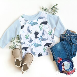 May include: A light blue long-sleeved shirt with a white background featuring a repeating pattern of sea otters, seaweed, and coral. The shirt has a raglan sleeve design.