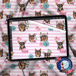 May include: A seamless pattern featuring a cute chihuahua wearing a flower crown, surrounded by pink and blue flowers on a pink and white striped background.