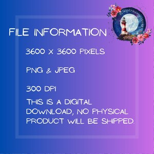 May include: File information for a digital download of a lighthouse graphic. The graphic is 3600 x 3600 pixels, in PNG and JPEG format, and 300 DPI. The text "Sea Universe Designs" is in a circle around the lighthouse.