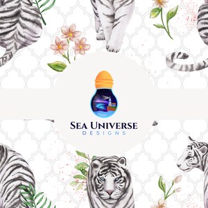 May include: A seamless pattern featuring white tigers, pink flowers, and green leaves on a white background with a light gray geometric pattern. The pattern also includes a logo for Sea Universe Designs, which features a lightbulb with a night sky and a lighthouse inside.