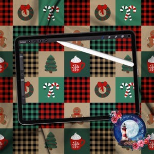 May include: A digital tablet displaying a seamless pattern design with a red and black buffalo plaid, green and black plaid, and brown and black plaid. The pattern includes Christmas-themed illustrations such as candy canes, wreaths, gingerbread men, Christmas trees, and mugs of hot chocolate.