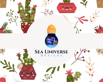 May include: A whimsical pattern featuring cartoon cacti decorated with Christmas lights and ornaments, set against a white background with festive botanical elements. A logo with a lighthouse inside a lightbulb is also present.