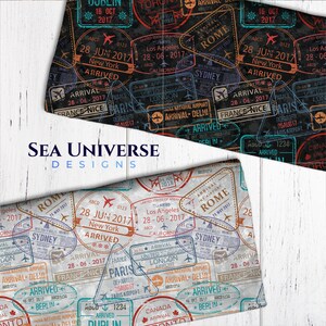 May include: A seamless pattern featuring a variety of colourful passport stamps with destinations such as Rome, London, Paris, Delhi, Sydney, New York, Los Angeles, Toronto, Berlin, and Dublin. The stamps are arranged in a random pattern on a black and white woodgrain background. The text "SEA UNIVERSE DESIGNS" is printed in white on a black background.