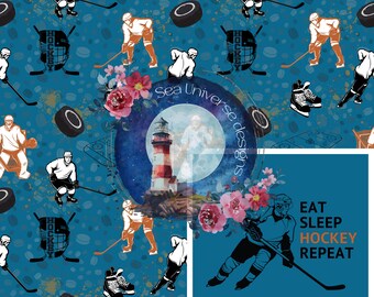 Hockeyspielerin blau.  Bündel Panel + nahtloses Muster.