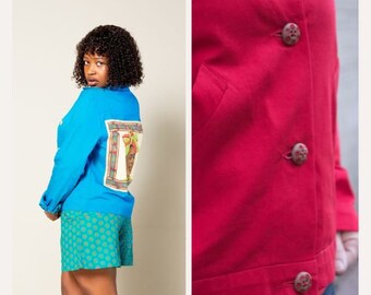 DAMEN Jacke Mosadi, kurz, Taschen, Keramikknöpfe handbemalt, unifarben mit außergewöhnlichen afrikanischem Rückenprint, Baumwolle