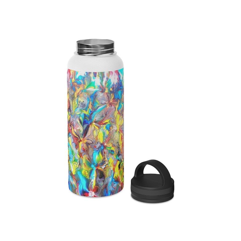 Rainbow Stainless Steel Water Bottle, Handle Lid. Three size to choose from 12 oz, 18 oz, and 32 oz.