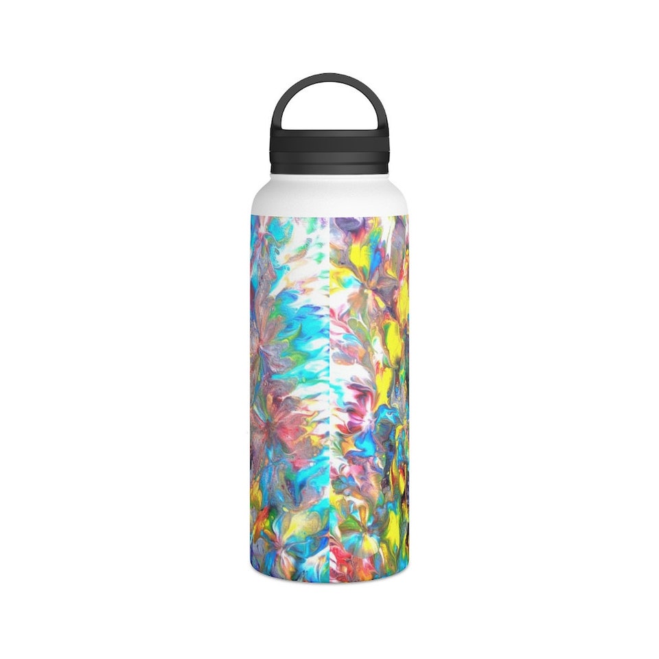 Rainbow Stainless Steel Water Bottle, Handle Lid. Three size to choose from 12 oz, 18 oz, and 32 oz.