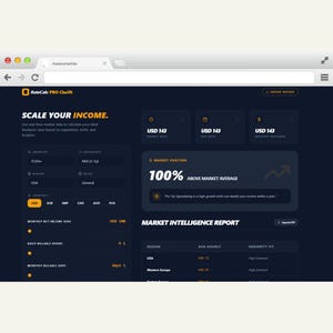 May include: A website interface is shown on a computer screen, with the headline "SCALE YOUR INCOME." The interface uses a dark blue and orange colour scheme and displays data visualizations and numerical data. The website is titled "RateCalc PRO Clrth."