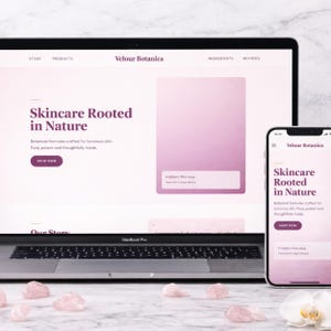 Beauty Skincare Brand Website Template HTML | Canva Editable | Animated Glassmorphism Nav | Botanical Shop Page | Instant Download