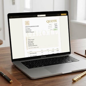 May include: A MacBook Pro laptop displaying a quote template with fields for business and client information. The screen shows text fields for a business name, address, and client details. The quote template is in a light beige color.
