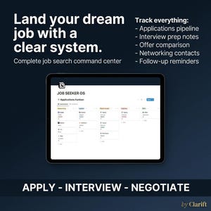 Op de afbeelding: Een digitale tablet toont de "Job Seeker OS" applicatie, een job search command center. De tekst op het scherm omvat "Applications Kanban" en verschillende sollicitatiestadia. De afbeelding bevat ook de tekst "Land your dream job with a clear system."