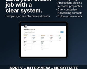 Notion Job Search Template, Job Application Tracker Kanban, Career Planner and Interview Prep Dashboard, 2026 Resume and Offer Comparison OS