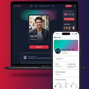 Może przedstawiać: Laptop i smartfon wyświetlające interfejs aplikacji randkowej DateMix. Ekran laptopa pokazuje stronę profilu w ciemnym motywie ze zdjęciem użytkownika, podczas gdy ekran smartfona prezentuje jasny pulpit profilu z danymi użytkownika.