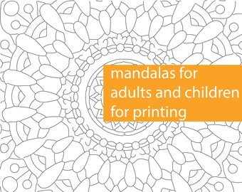 Könnte beinhalten: Schwarzweißes Mandala-Design für Erwachsene und Kinder, perfekt zum Ausmalen und Drucken. Der Text "mandalas for adults and children for printing" wird auf orangefarbenem Hintergrund angezeigt.