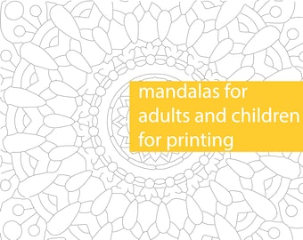 Könnte beinhalten: Schwarzweißes Mandala-Design für Erwachsene und Kinder. Das Design ist kompliziert und detailliert, perfekt zum Ausmalen. Der Text "Mandala für Erwachsene und Kinder zum Ausdrucken" wird auf gelbem Hintergrund angezeigt.