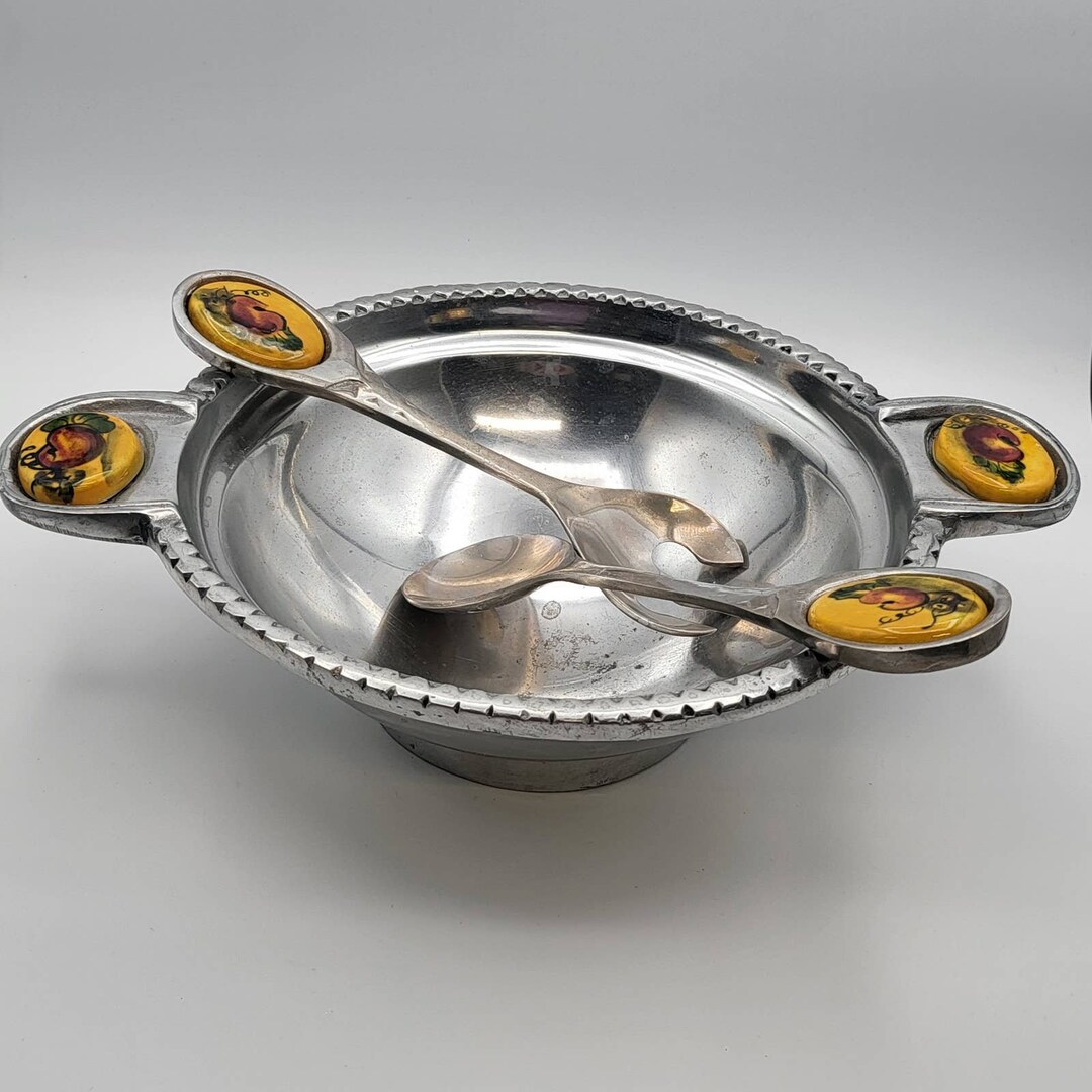 Vintage Large Pewter Salad Bowl Handles Fork and Spoon Have Etsy