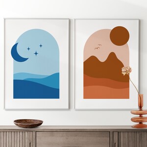 Boho Minimalist Printable Wall Art Poster, Minimal Poster, Instant Download Wall Art, Set of 2 Digital Prints in Terracotta and Blue