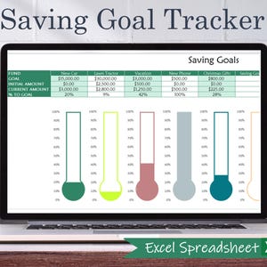 May include: A laptop computer screen displaying a green and white spreadsheet with the title "Saving Goal Tracker". The spreadsheet includes a table with columns for "Fund", "Goal", "Initial Amount", "Current Amount", and "% to Goal". The table lists different saving goals, such as "New Car", "Lawn Tractor", "Vacation", "New Phone", and "Christmas Gifts". Each goal has a corresponding amount saved and a percentage to goal. The spreadsheet also includes a visual representation of the progress towards each goal using a thermometer-like graphic.