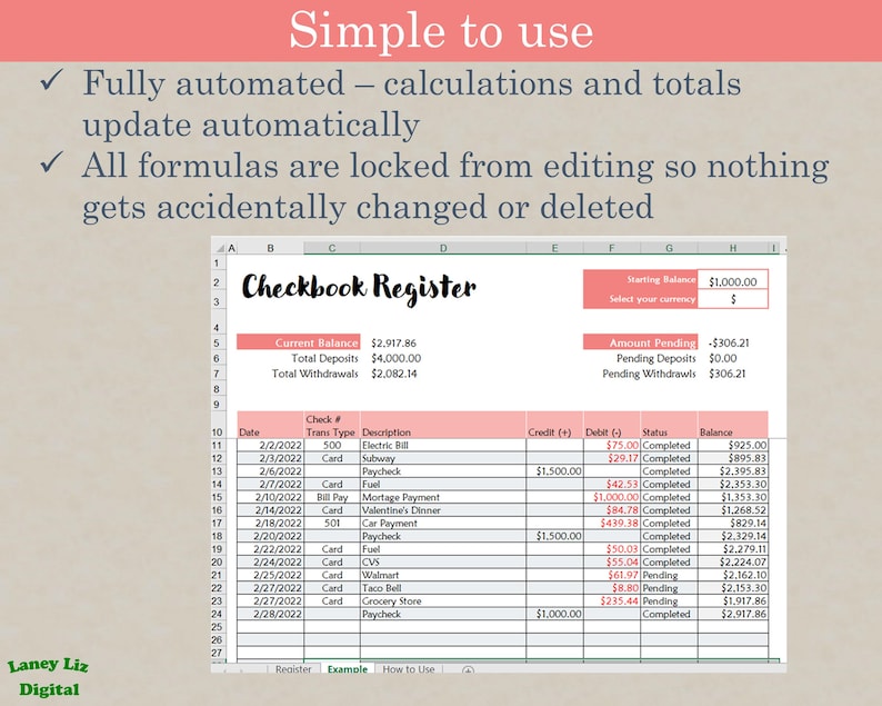 Status Check Register Digital Checkbook Register - MS Excel | Checkbook Template - Etsy