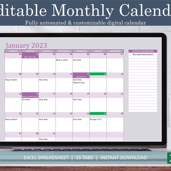 Editable Monthly Calendar Lilac | Digital Excel Calendar | 2023 Full Year Calendar