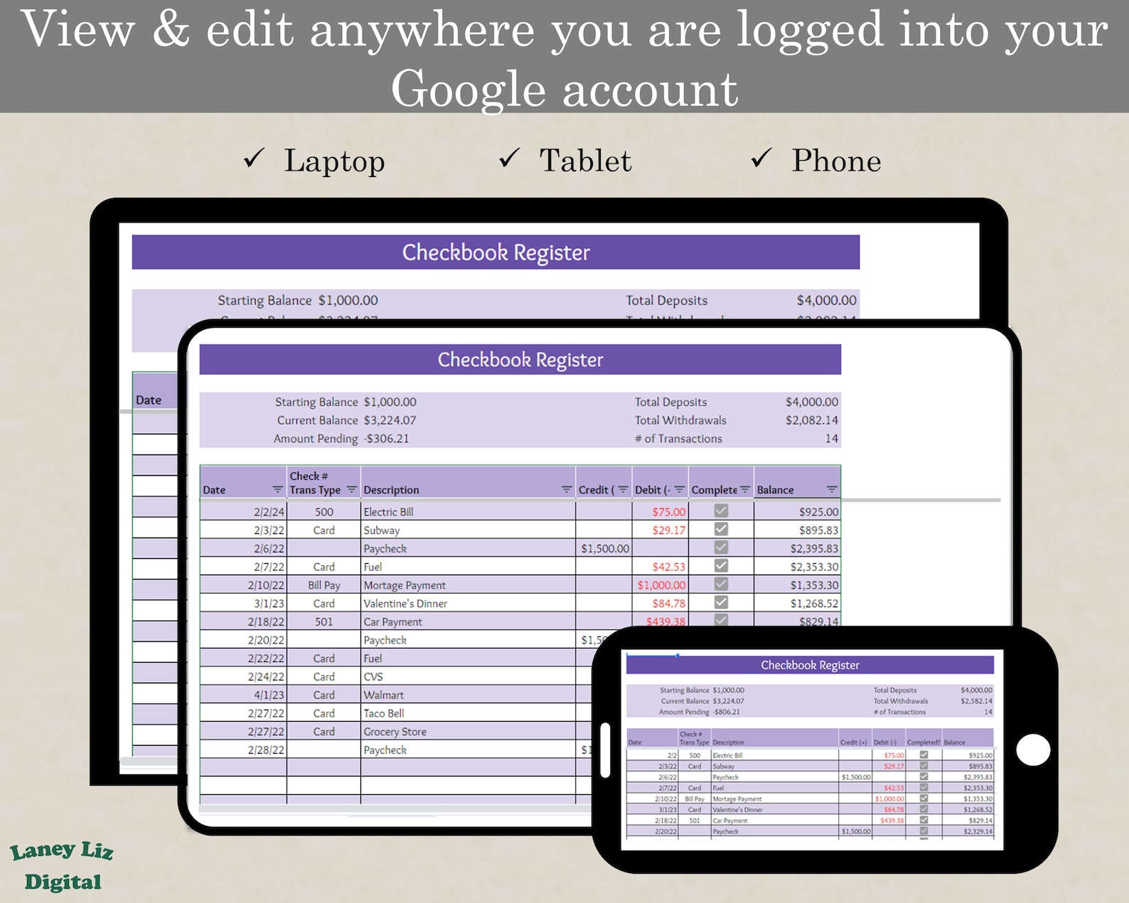 Digital Checkbook Register Google Sheets | Budget & Expense Tracker ...