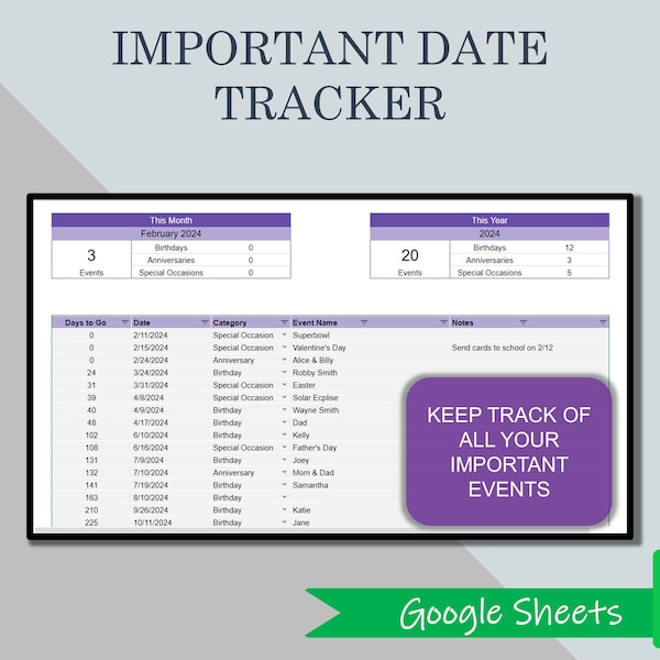 Birthday and Anniversary tracker, important date list, event countdown template