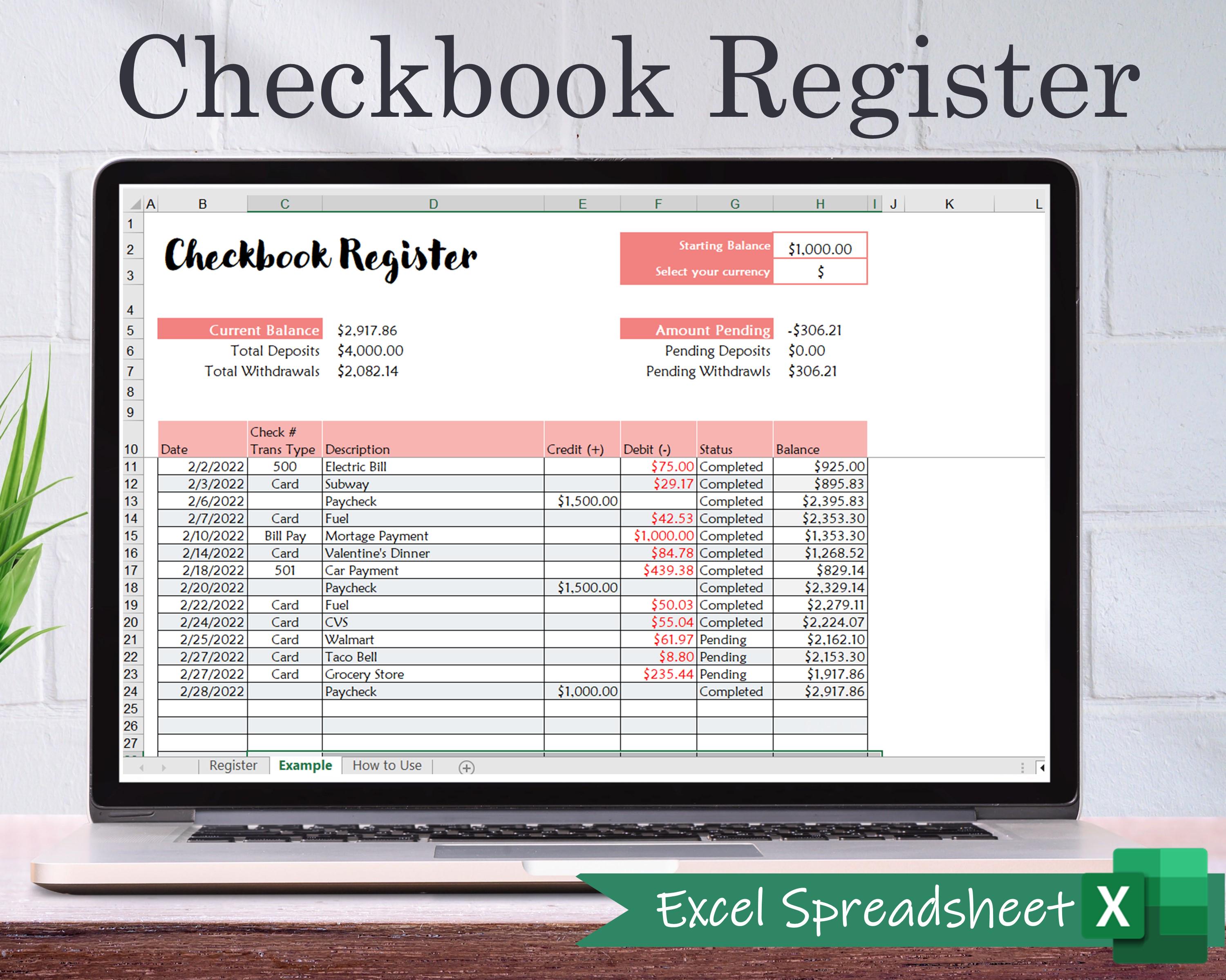 Digital Checkbook Register -  MS Excel | Checkbook Template