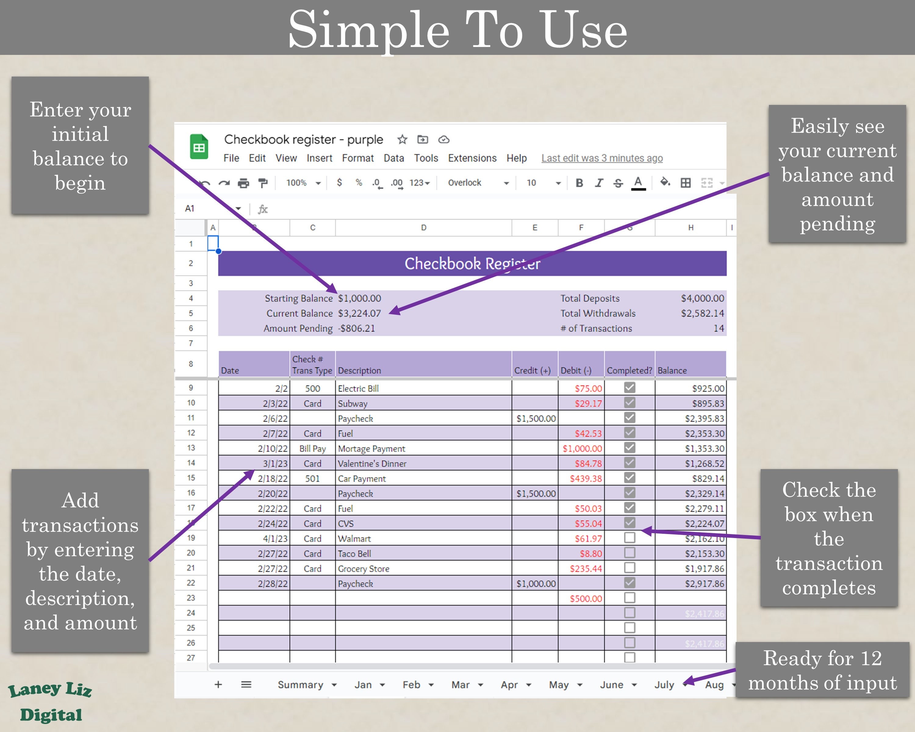 Digital Checkbook Register Google Sheets Checkbook Template Etsy