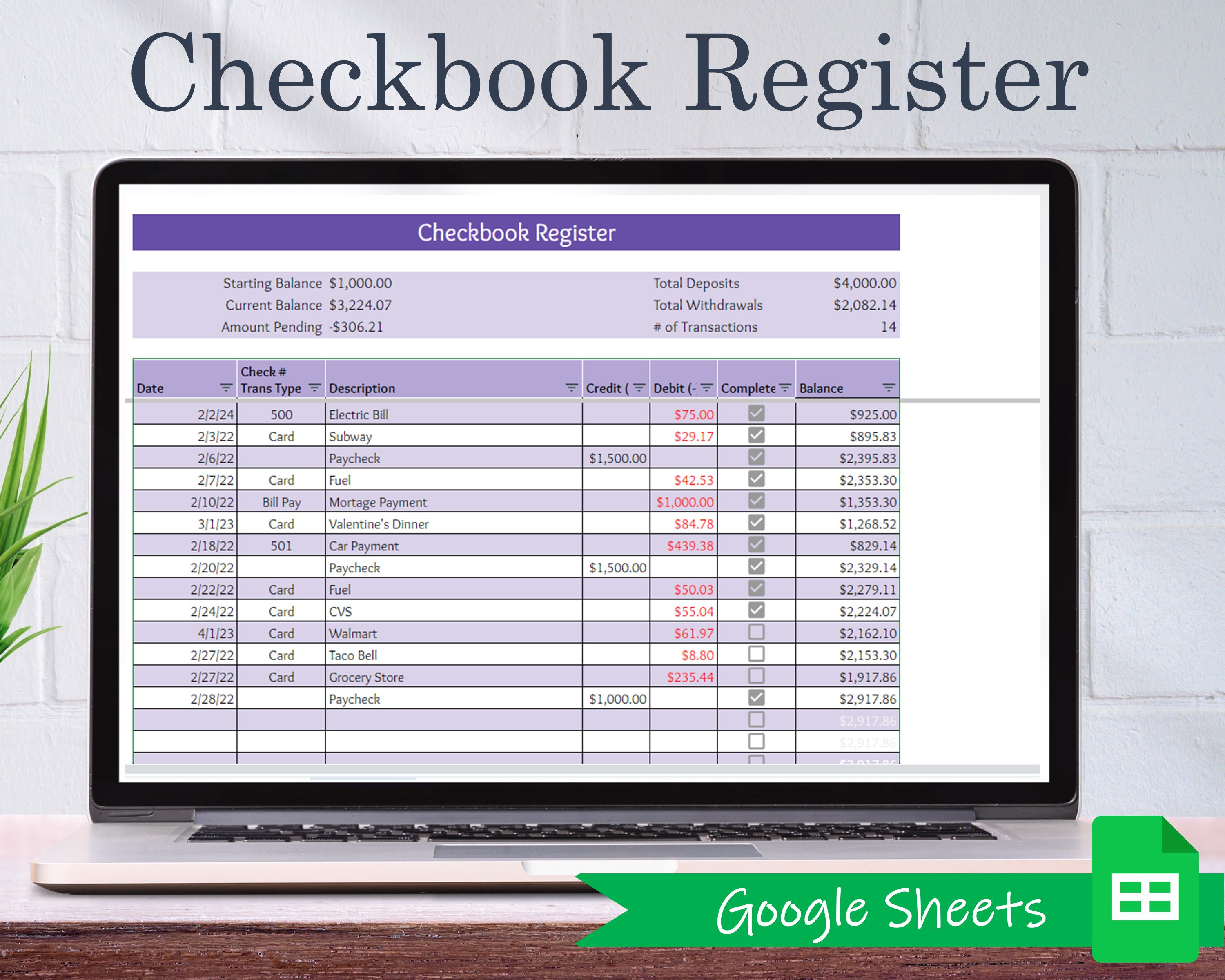 Digital Checkbook Register - Google Sheets | Checkbook Template